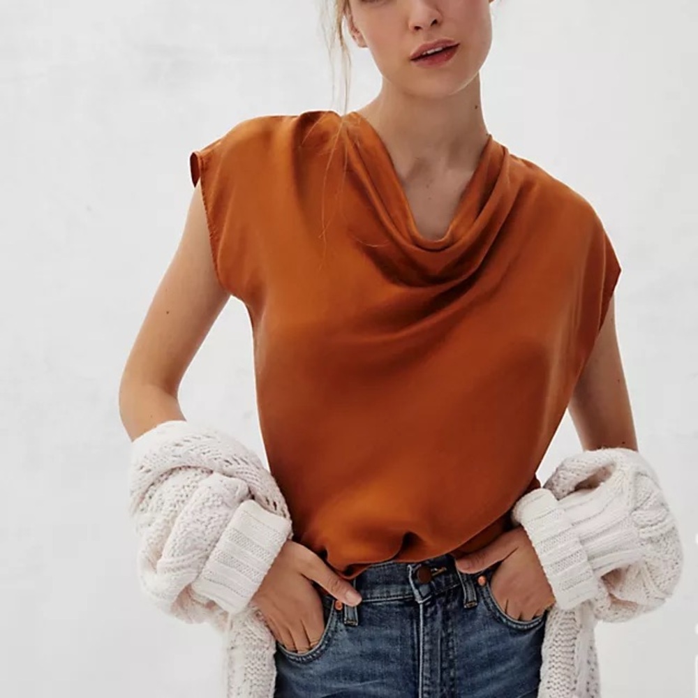 Anthropologie Liliya 100% Silk Size Small Rust Orange Cowl Neck Top